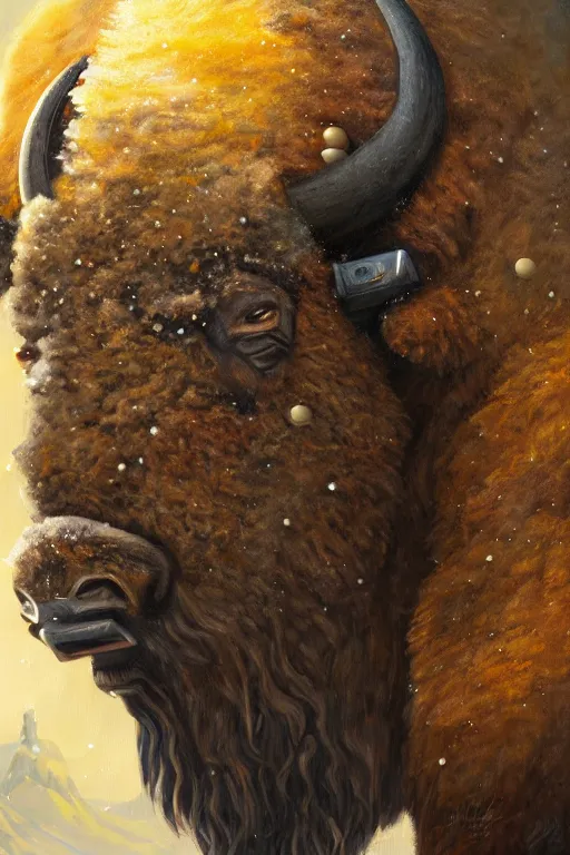 Image similar to bison astronaut, oil on canvas, intricate, portrait, 8 k highly professionally detailed, hdr, cgsociety