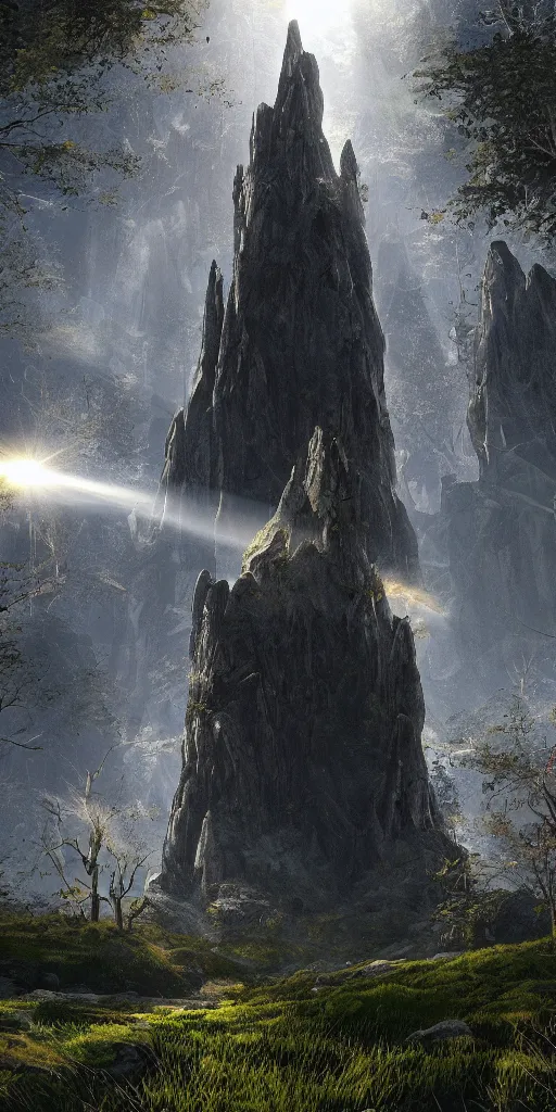 Prompt: a single tall mountain reaching towards space, an ecological gothic scene, witch runes in the deep forest, magical clearing, sunshafts, dramatic lighting, dust motes floating in the sunlight, 4 k concept art