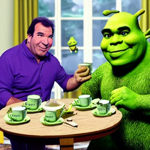 Prompt: Phil swift having a tea party with Shrek