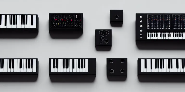 Prompt: dezeen showroom , lot2046, archdaily, minimalissimo, houdini , teenage engineering moad, product design concept, top down view of plugs & knobs of moog melotron synthesizer 3d model made by jony ives, dieter rams, 8k, high detailed photo