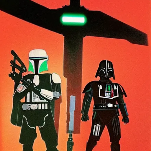 Image similar to boba fett and darth vader standing proudly shoulder to shoulder