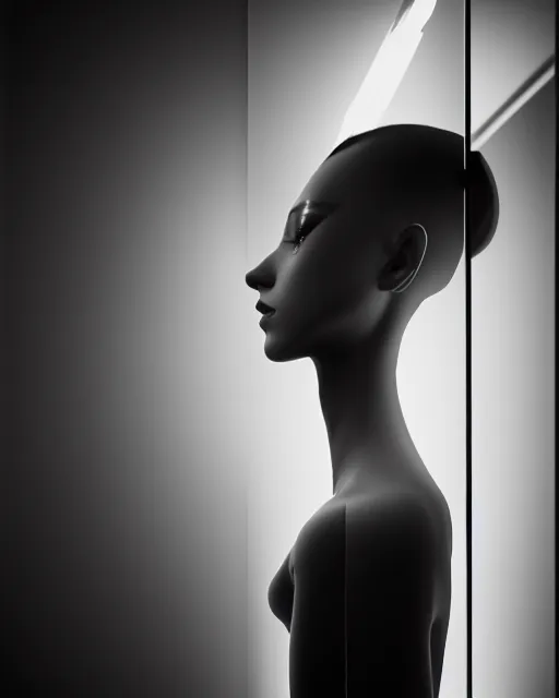 Prompt: black and white high quality photo of a female AI-queen-dragon-meshes-mannequin looking into a sci-fi mirror, volumetric lighting, brutalism, foggy, dreamy, hyperdetailed, bokeh, photorealistic, cinematic, masterpiece, elegant, dark, by Man Ray in the style of Horst P. Horst, octane render, 8K,