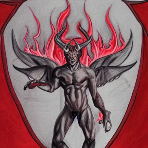 Image similar to full body drawing by Luke Starkie of a muscled horned Satan Devil, red flames in background