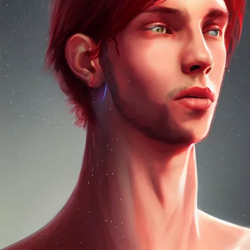 Image similar to portrait of a thin young man with long red hair, ponytail, a lot of freckles on his face, an earring, intricate, elegant, glowing lights, highly detailed, digital painting, artstation, concept art, smooth, sharp focus, illustration