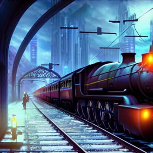 Image similar to :: Train to Hogwarts :: cyberpunk style :: Makoto Shinkai cyberpunk style :: Cinematography by Zack Snyder ::8k resolution :: cinematic shot :: epic :: awe :: masterpiece