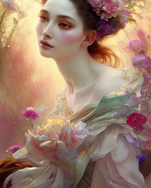 Image similar to Full View ultrarealistic Portrait ethereal fantasy deity wearing beautiful gown, flowers, spirituality, 4k digital masterpiece by Anna Dittman and Alberto Seveso Ruan Jia, rossdraws, artgerm and greg rutkowski and alphonse mucha and loish and WLOP, fantasycore, Hyperdetailed, realistic digital painting, soft lighting, featured on Artstation