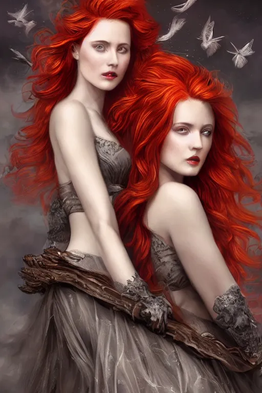 Prompt: twin beautiful young women with red hair, fantasy, intricate, elegant, dramatic lighting, beautiful woman, gorgeous face, sexy gown, angelic wings, highly detailed, lifelike, photorealistic, digital painting, artstation, illustration, concept art, smooth, sharp focus, art by John Collier and Albert Aublet and Krenz Cushart and Artem Demura and Alphonse Mucha