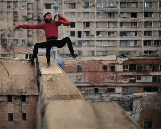 Image similar to lomo photo of roofjumpers climbing on roof of soviet hrushevka, small town, cinestill, bokeh, out of focus