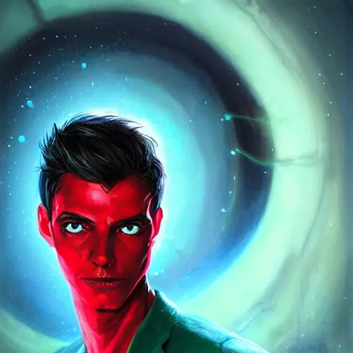 Image similar to portrait of a skinny dark haired young man with a scar across his left eye wearing a red suit as an epic idea, high detail, concept art, neon color, vivid color, floating particles, glowing green eyes, spiral smoke, background by john harris + roger dean, artwork by charlie bowater + artgerm + anato finnstark