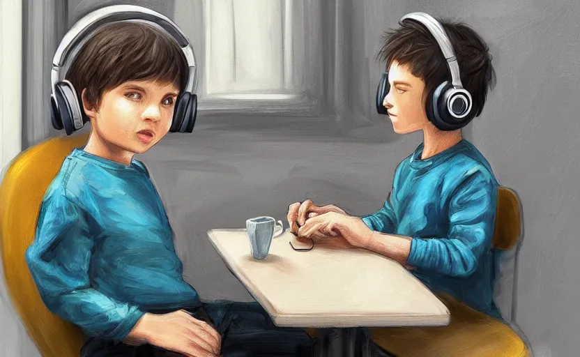 Image similar to a boy with headphones sitting on a table in a cafe with a coffee, digital art, digital painting, masterpiece, concept art, trending on deviantart, highly detailed, high quality, anatomically correct, five fingers, cinematic, high coherence, soft lighting, soft colors, beautiful, elegant, short black hair, 4 k, symmetrical, realistic and detailed face, cartoon