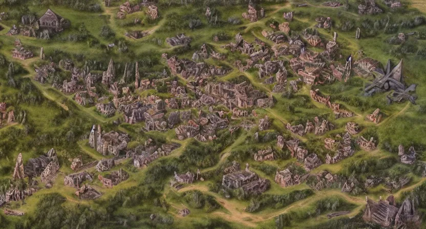 Prompt: Detailed overhead Photorealistic Map of small village in magical world, war torn, fire, evil, mist, siege, battlefield, trenches, miniature, gritty, dragon, goblins, orcs, giants, forest, Greg Rutkowski, trending on Artstation