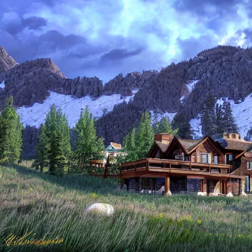 Prompt: montana alpine landscape with modern style mansions scattered on the mountainsides, photo realism, dramatic lighting, from a dream, high quality digital art, unreal engine