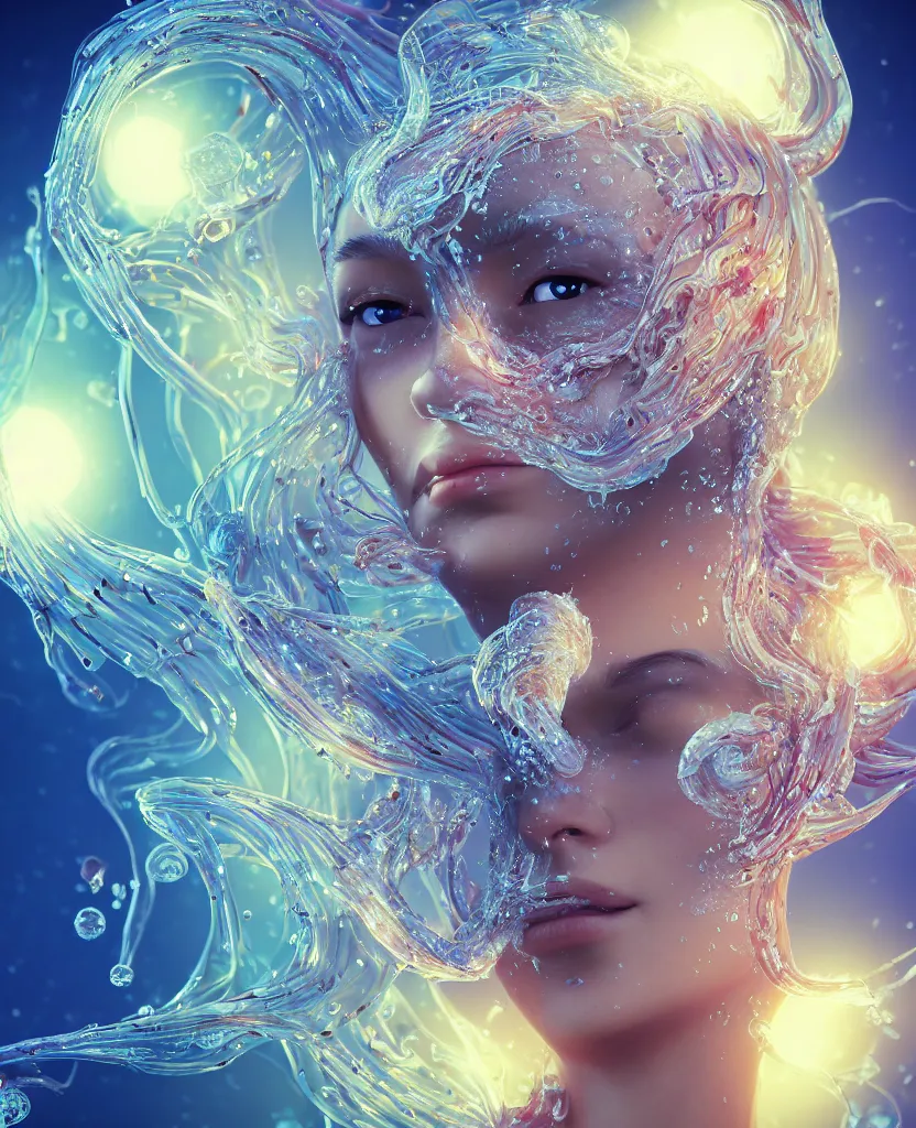 Image similar to close-up macro portrait of the face of a beautiful princess, epic angle and pose, symmetrical artwork, 3d with depth of field, blurred background, cybernetic jellyfish female face skull phoenix bird, translucent, nautilus, energy flows of water and fire. a highly detailed epic cinematic concept art CG render. made in Maya, Blender and Photoshop, octane render, excellent composition, cinematic dystopian brutalist atmosphere, dynamic dramatic cinematic lighting, aesthetic, very inspirational, arthouse. y Greg Rutkowski, Ilya Kuvshinov, WLOP, Stanley Artgerm Lau, Ruan Jia and Fenghua Zhong