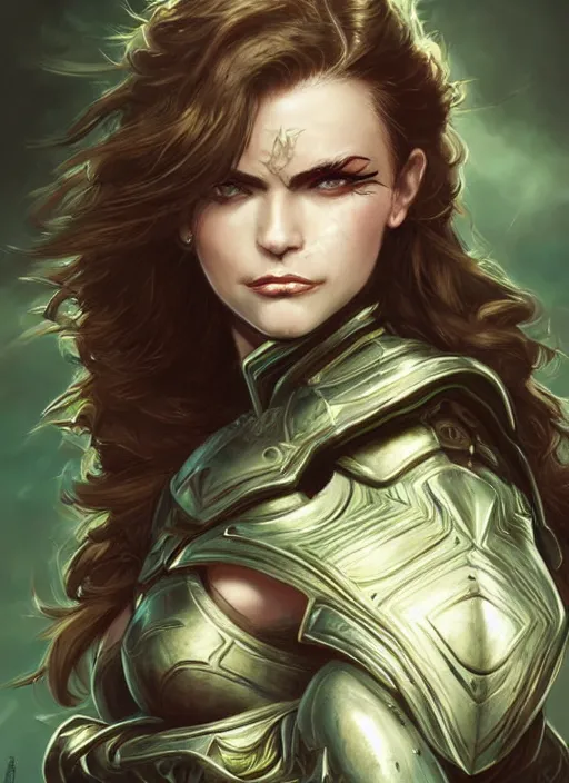 Prompt: portrait of alluring warrior lady, simple black plate armor, face details, rugged, wild brunette hair, lipstick, big green eyes, badass posing, high fantasy, extremely detailed, smooth, sharp focus, illustration, by rossdraws, frank franzzeta, artgerm, collectable card art