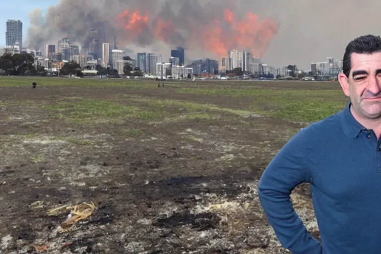 Image similar to a photo of Dan Andrews standing in front of Melbourne as it burns to the ground