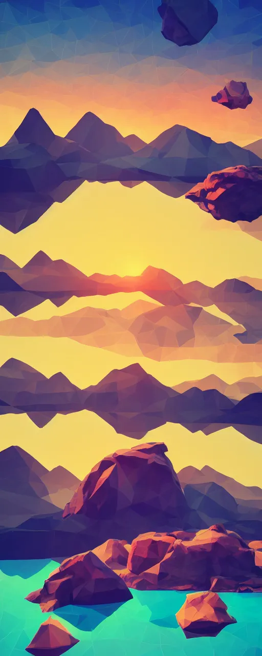 Prompt: super detailed color lowpoly art, northern sunset with rocks on front, lake in the middle of perspective and mountains at background, graphic reindeers in random points, unreal engine, retrowave color palette, 3 d render, lowpoly, colorful, digital art