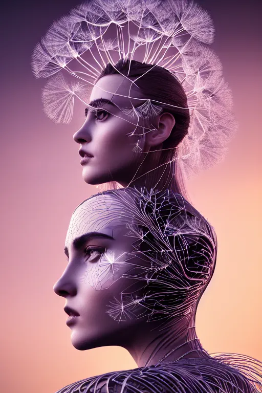 Image similar to intricate hyper detailed ultra sharp 3 d render of profile portrait, dark witch, leaves stems, unsplash model transparent fractal dandelion, moon in the background, yellow pistil filigree roots, intricate details, human face, facial features, elegant, hyper realistic, ultra detailed, octane render, volumetric cinematic lighting, 8 k post - production