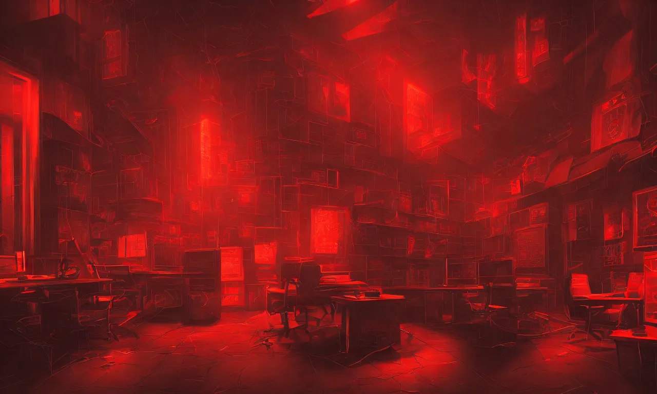 Prompt: demonic office, by asher brown durand, trending on artstation, 8 k resolution, red lights, cyberpunk, demonic symbols