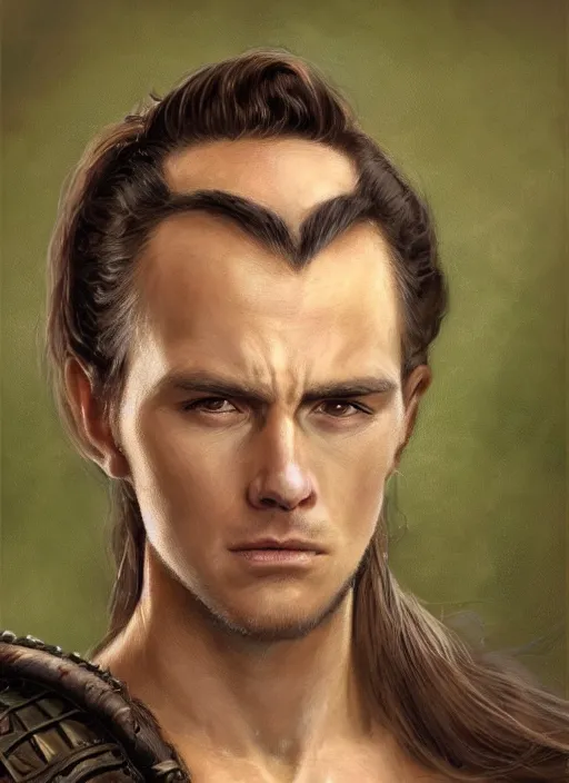 Image similar to a warrior in his twenties smirking deceitfully with long light brown hair tied back, light green eyes, a large forehead, a widows peak and a round face with high cheekbones and full lips as a realistic d & d fantasy character, portrait art by donato giancola and greg rutkowski, vintage retro, realistic face, digital art, trending on artstation