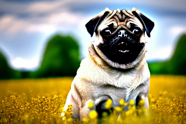 Image similar to a happy pug, single subject, peaceful flower meadow with some trees in the background, scenic full shot, ambient lighting, detailed face, by hr giger