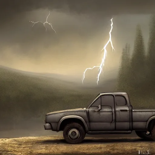 Image similar to a beautiful detailed realistic matte painting of a pick - up truck in a serene landscape with an eerie dark magic lightning portal to another dimension, by john howe and alexander skold and andreas rocha. vray, raytracing, detailed lighting, volumetric lighting, cinematic lighting, very wide shot, f 8