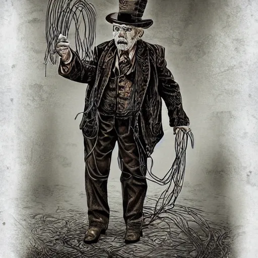 Prompt: Old wrinkled man being afraid in steampunk outfit, attached to wires. Dark, intricate, highly detailed, smooth, in style of Stanislav Vovchuk
