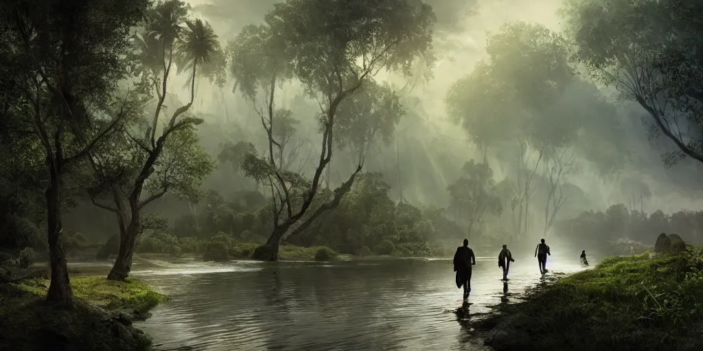 Image similar to muslim adventurers walking along the river bank in a kerala forest, an epic fantasy, dramatic lighting, cinematic, extremely high detail, photorealistic, cinematic lighting, matte painting, artstation, by Christopher Nolan, horizon forbidden west