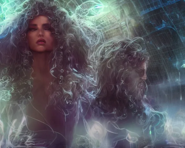 Image similar to realistic textured magnetosphere, beautiful hairy humanoids, love, joy, complex cybernetic beings, glowing hair, vortexes, large array, ornate hair, cinematic light shadows, wet hdr refractions, insanely detailed rendering, cybernetic civilizations, 8 k, * * * * *