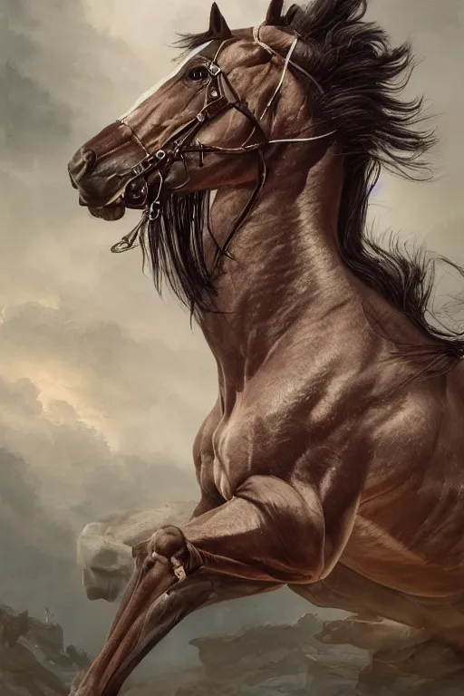 Image similar to 3 quarter view photography portrait of a prince stalion horse , organed, tatooed, intricate details, muscles, elegant, divine, illustrated by greg rutkowski and Akira Saito and Peter mohrbacher, 4k,