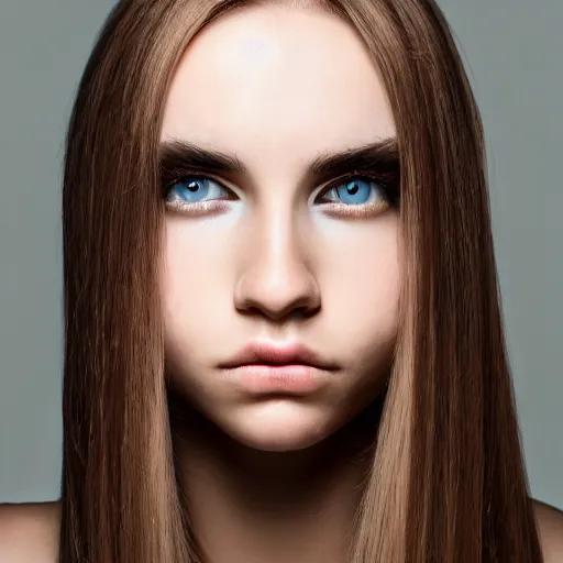 Image similar to brunette with long dyed blonde hair, 21 years old, 165 cm tall, 50% smaller nose, 30% smaller mouth, round shaped face, big forehead, lop eared, thin eyebrows, emerald eyes, darker skin, real life photograph