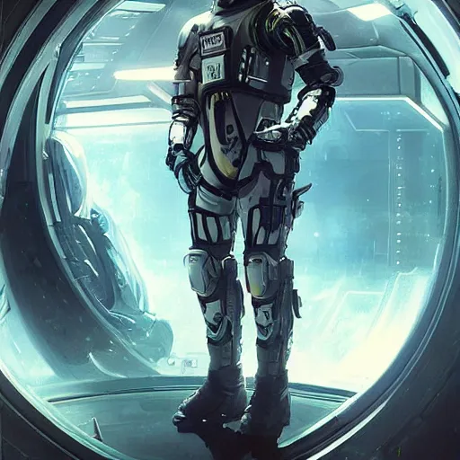 Image similar to scifi art by ross tran, a man in wearing a futuristic tactical space suit, preparing to activate the ship's self - destruct sequence, claustrophobic and futuristic environment, detailed and intricate environment, high technology, highly detailed portrait, digital painting, artstation, concept art, smooth, sharp foccus ilustration, artstation hq.