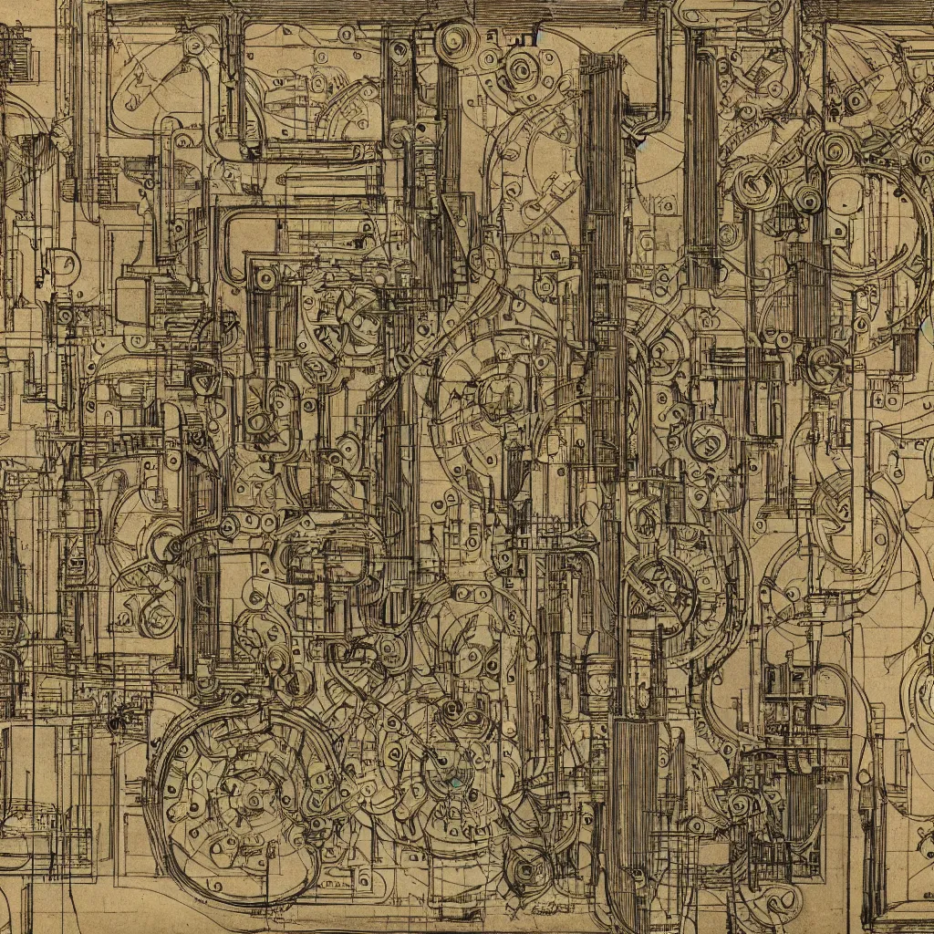 Image similar to close - up on detailed, intricate technical drawings from 1 8 4 0 with extensive written labels and covered in scribbled pencil notes, for a mechanical display attachment to babbage's difference engine, showing a screen playing tetris, beautiful, symmetric, art nouveau