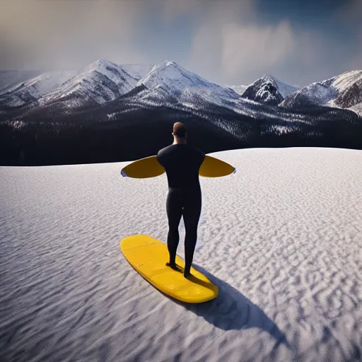 Image similar to man surfing a yellow surfboard down a snowy mountain, high quality digital art, unreal engine, cinematic lighting, photorealism