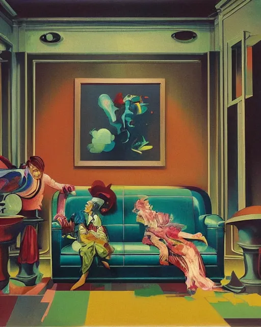 Image similar to old dead couple sitting on a couch and a person inside a large aquarium with clouds at red and yellow art deco interior room in the style of Francis Bacon and Syd Mead, open ceiling, highly detailed, painted by Francis Bacon and Edward Hopper, painted by James Gilleard, surrealism, airbrush, very coherent, triadic color scheme, art by Takato Yamamoto and James Jean