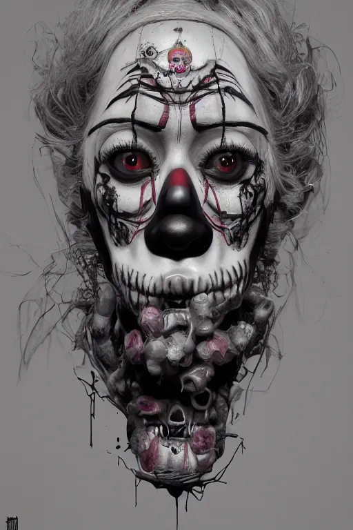 Image similar to portrait of a creepy clown girl skull. intricate abstract. intricate artwork. nightmare fuel. terrifying. by Tooth Wu, wlop, beeple, dan mumford. octane render, trending on artstation, greg rutkowski very coherent symmetrical artwork. cinematic, hyper realism, high detail, octane render, 8k, iridescent accents, black and white