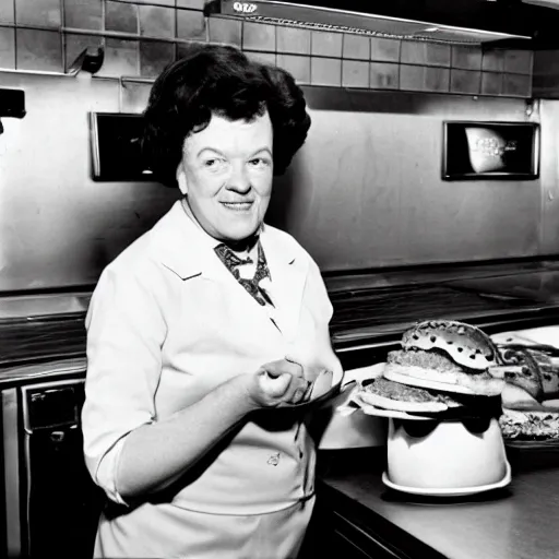 Prompt: color photo of julia child working at burger king