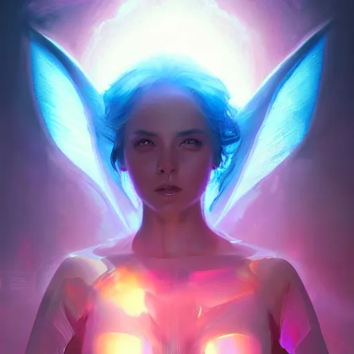 Image similar to portrait of a beautiful dark seraphim female futuristic angel, volume lighting, concept art, by greg rutkowski!!, colorful, xray melting colors!!