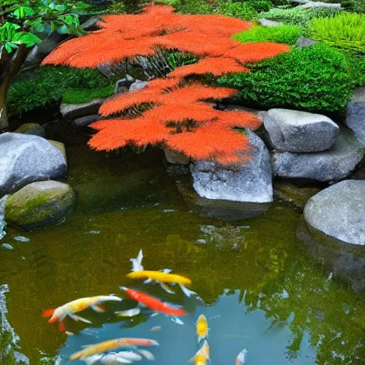 Prompt: photo of a koi pond in a Japanese garden, beautiful, high detail, golden ratio, amazing,