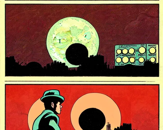 Image similar to three panels from a 1 9 3 0's comic book showing a big fat boombox, in front of a big moon, illustration, wide shot, muted colors, post grunge, concept art by josan gonzales and wlop, david rubin, mike mignola, laurie greasley, highly detailed, sharp focus, trending on artstation, hq, deviantart, art by artgem