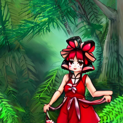 Prompt: a digital drawing of reimu in the jungle wearing bonnet