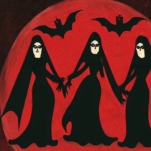 Prompt: three female witches dressed in black with veils:: graveyard:: red moon:: vampire blonde woman::