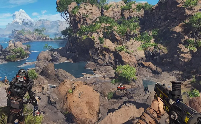 Image similar to apex legends winning match by the water