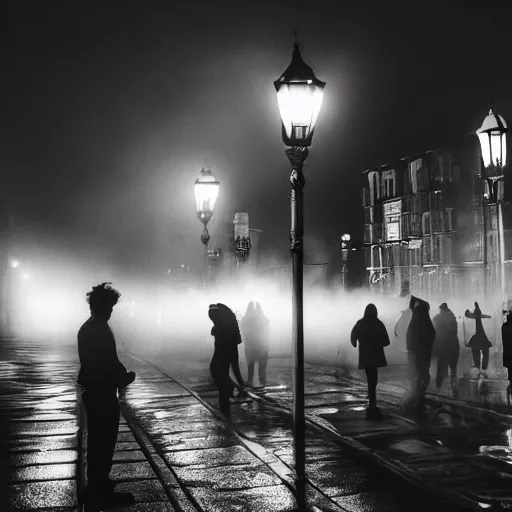 Image similar to fantastic dark vampire city, lights in the dark, lanterns, cityscape, fog, people in the streets, sharp roofs, smoke, by greg rutkovski