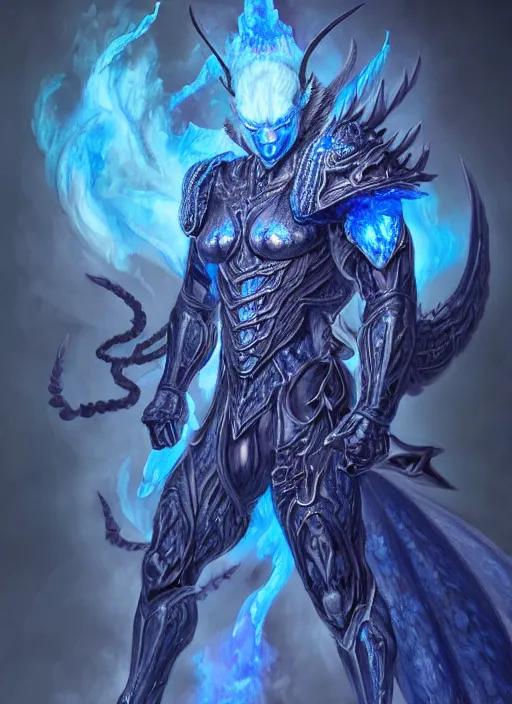 Art depiction of a male humanoid with steel blue skin