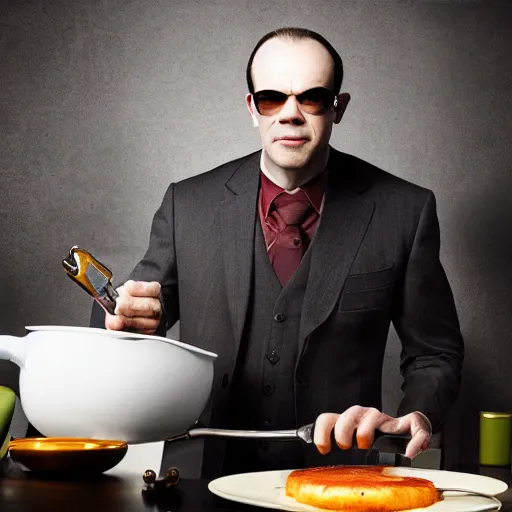 Image similar to a portrait of agent smith from the matrix making breakfast in the kitchen cooking an egg on a frying pan with bacon, dynamic lighting, studio lighting, 8k, award winning photo