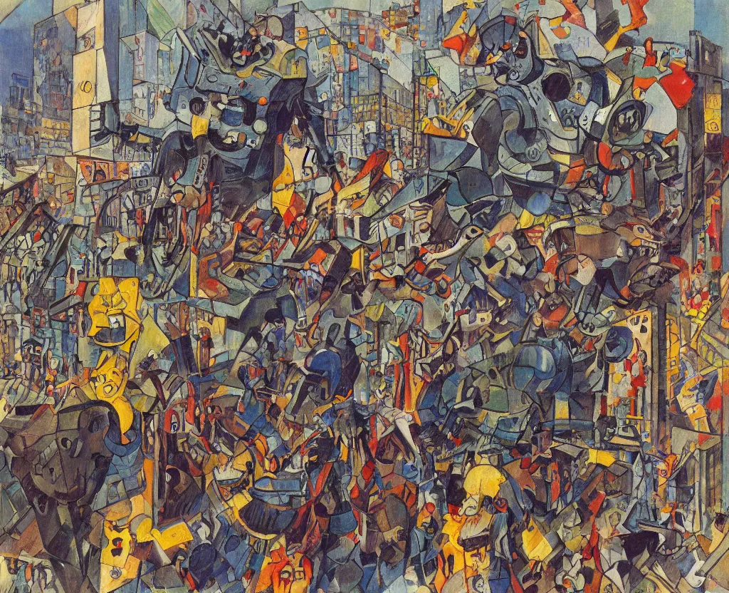 Prompt: an angry mob chasing a giant robot along a glass and steel city square as by moebius, george luks, and georges braque, saturated color scheme