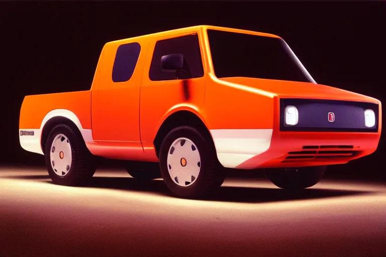 Prompt: designed by giorgetto giugiaro stylized poser of a single 1 9 8 8 honda kei truck, thick neon lights, ektachrome photograph, volumetric lighting, f 8 aperture, cinematic eastman 5 3 8 4 film