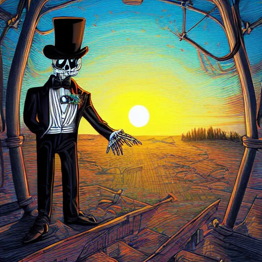 Image similar to artwork of skeleton wearing a suit and top hat at sunset by Dan Mumford. cinematic, hyper realism, high detail