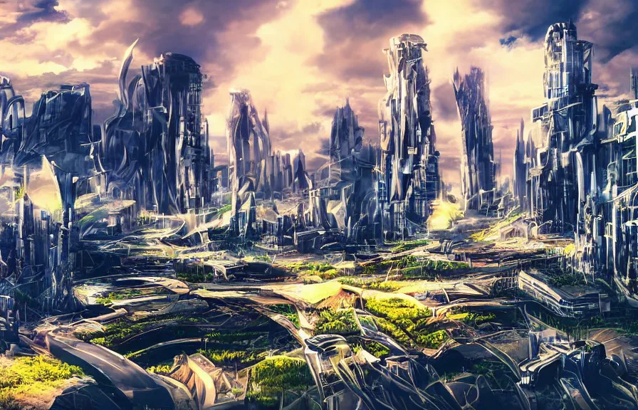 Prompt: vista of futuristic city, harmony of technology and nature, dramatic afternoon sky