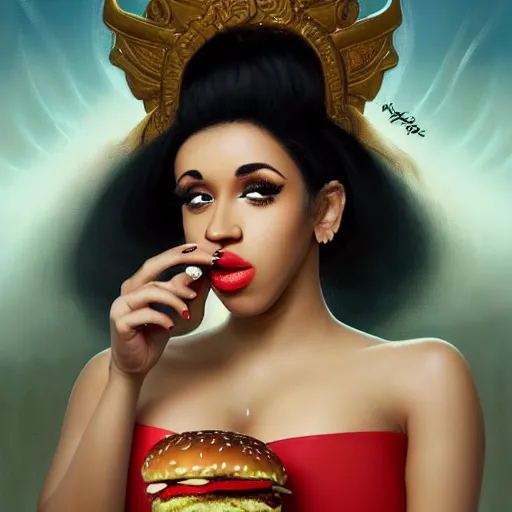 Prompt: portrait of Cardi B eating mcdonald's big mac hamburgers, extra onions and ketchup, luscious patty with sesame seeds, feminine ethereal, handsome, D&D, fantasy, intricate, elegant, highly detailed, digital painting, artstation, concept art, matte, sharp focus, illustration, art by Artgerm and Greg Rutkowski and Alphonse Mucha